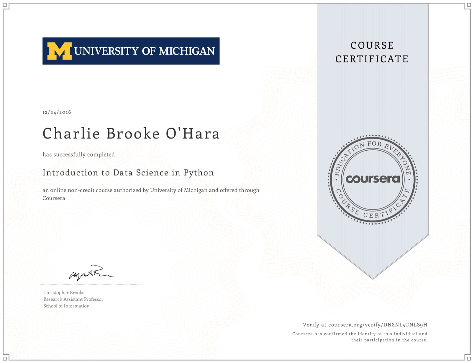 Certification earned December 2016