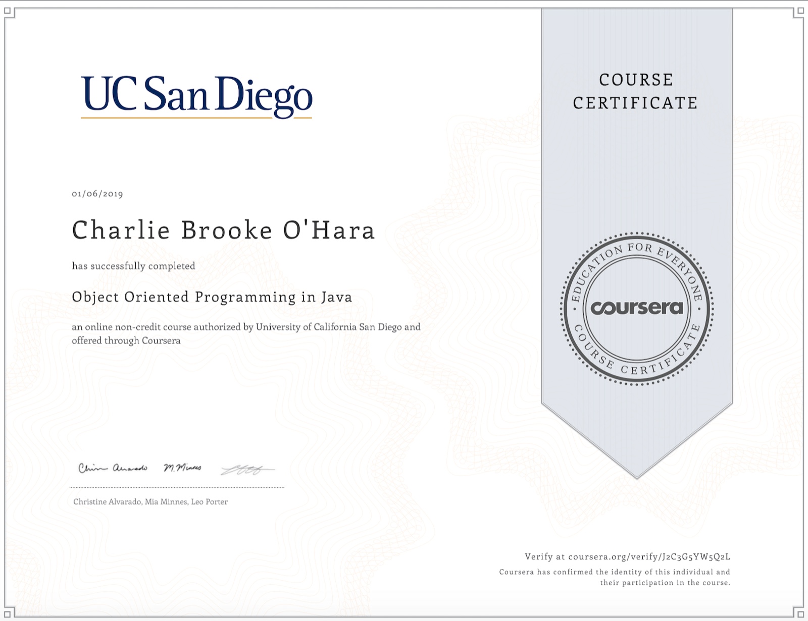 Certification earned January 2019