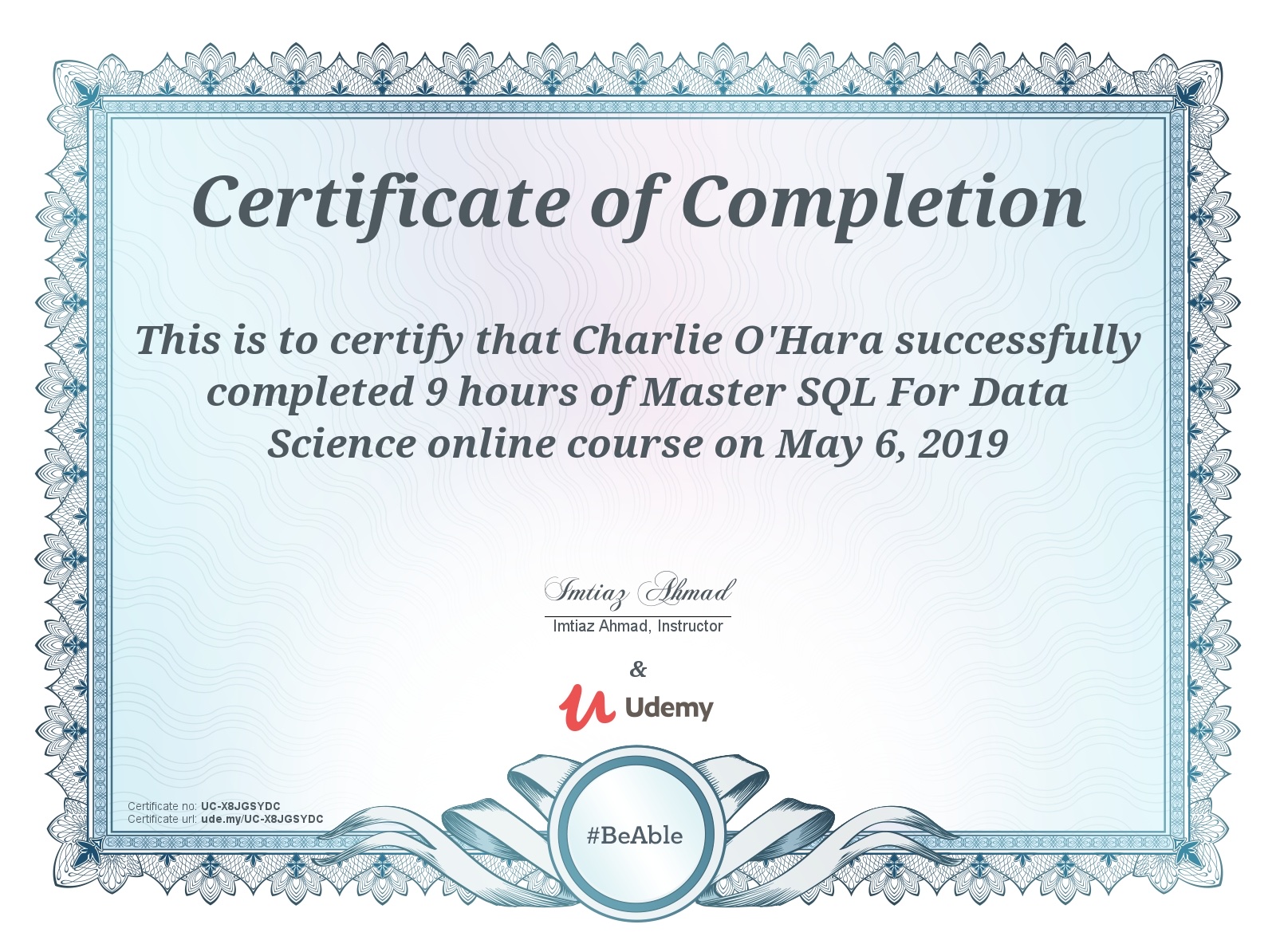 Certification earned May 2019