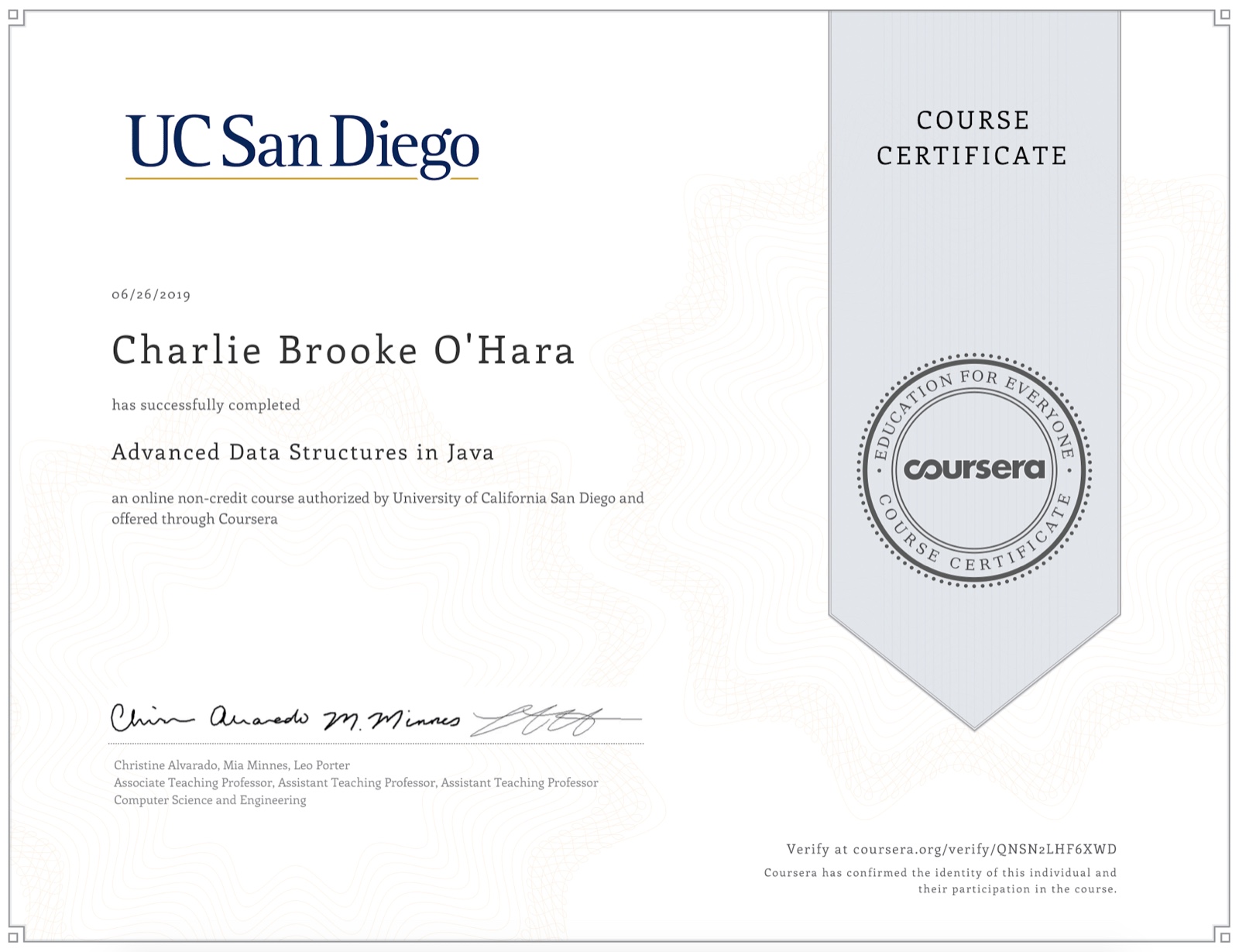 Certification earned June 2019