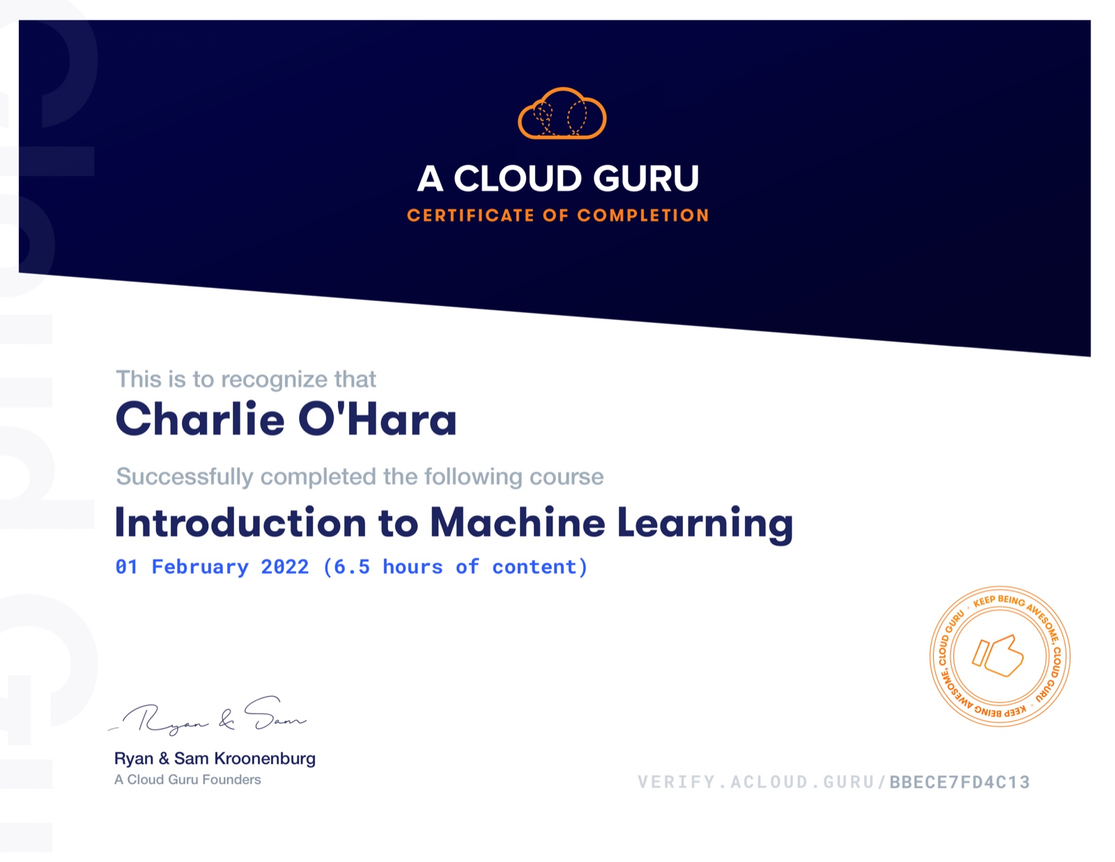 Certification earned January 2022