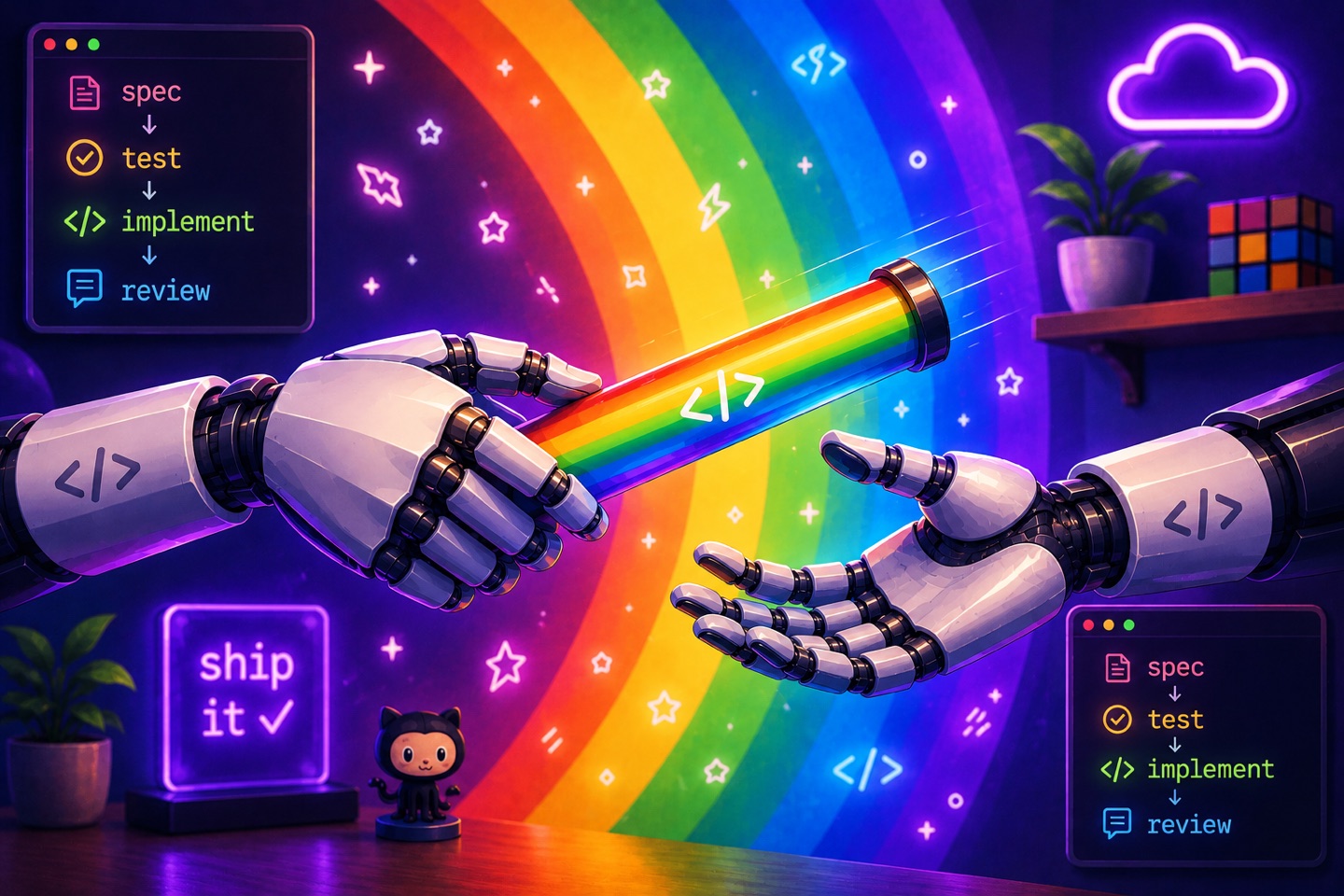 Two robot hands passing a rainbow baton
